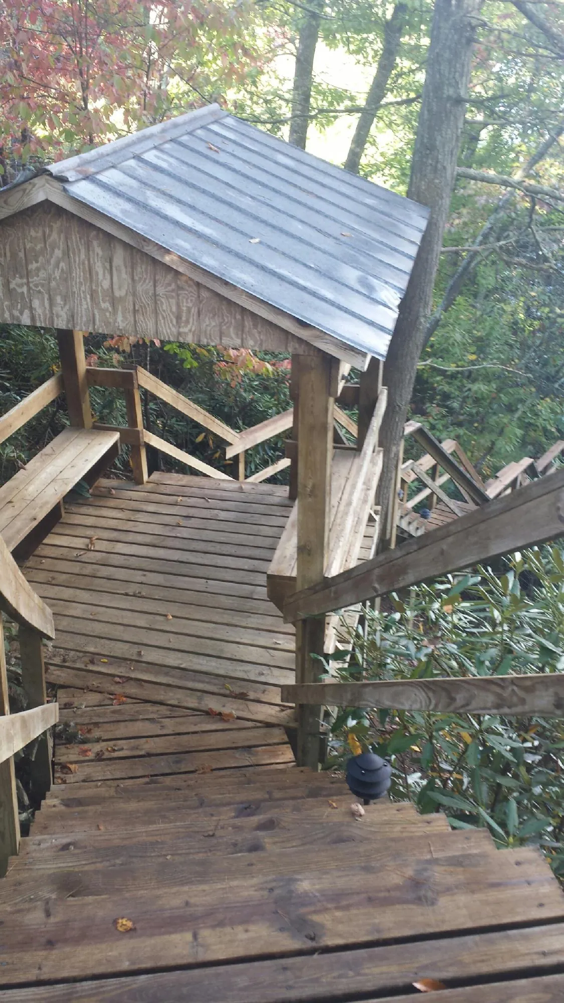 Metal roofed shelter over wooden steps on a wooded walkway — Skylight Repair & Installation work by our crew in Champlin